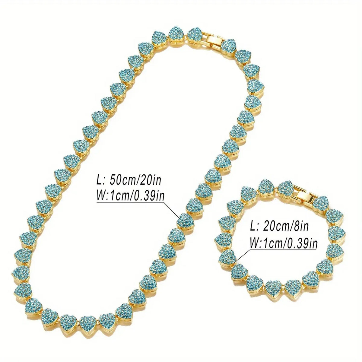 Unisex 10mm Heart Rhinestone Cuban Link Chain & Bracelet Jewelry Set