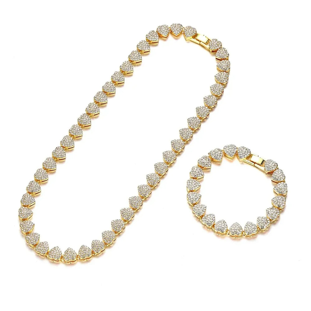 Unisex 10mm Heart Rhinestone Cuban Link Chain & Bracelet Jewelry Set
