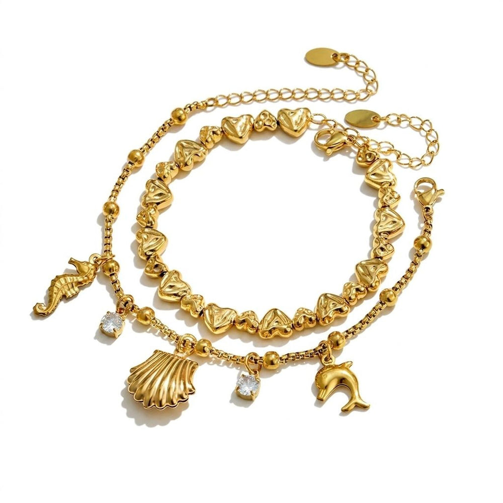 18K Gold Plated Coastal Charm Bracelet Stainless Steel Heart & Dolphin