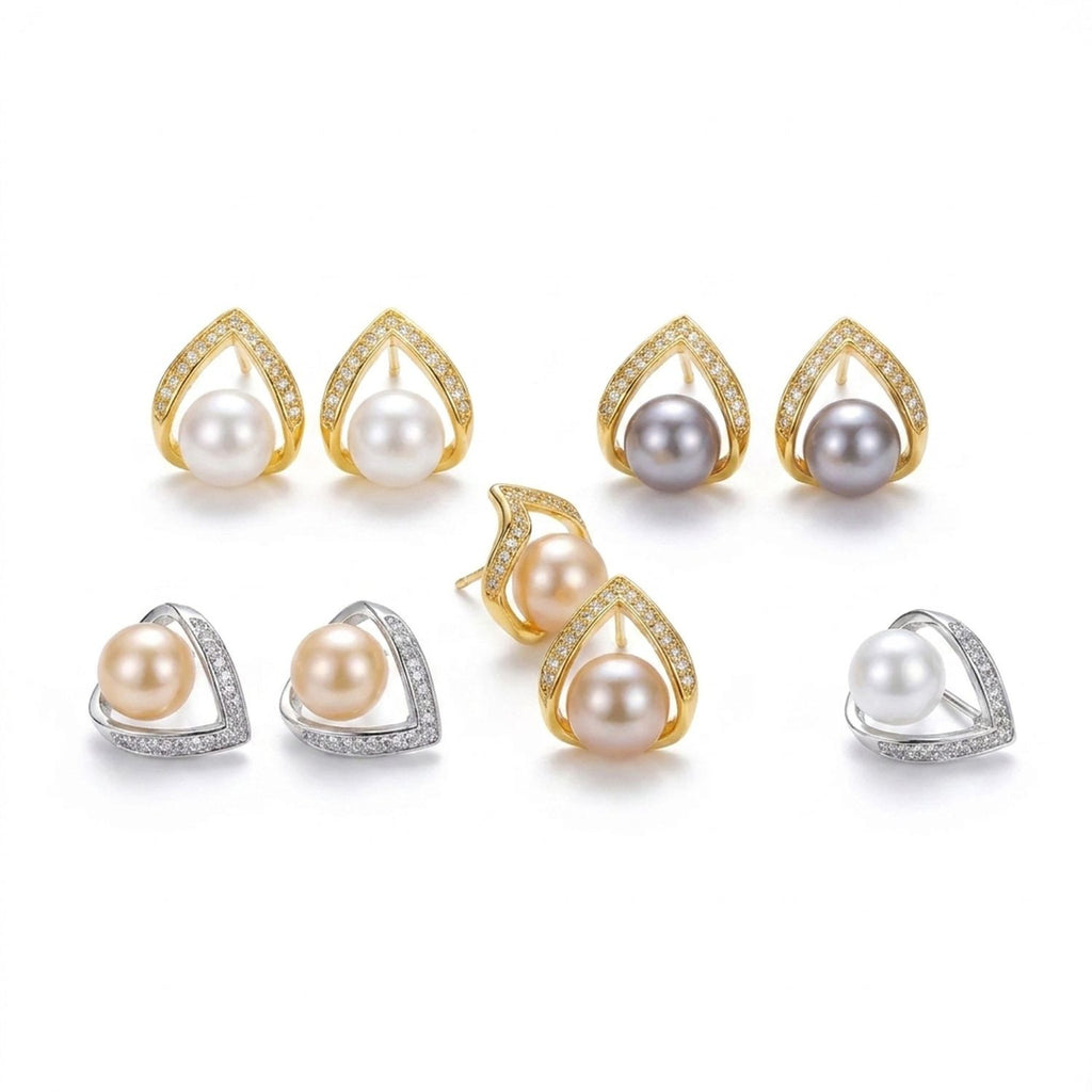 18K Gold Plated Freshwater Pearl Stud Earrings with S925 Silver Pins — all variants