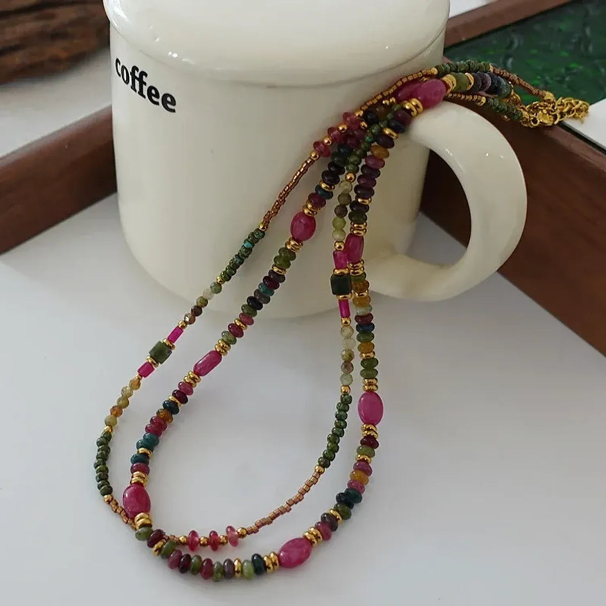 Green Tourmaline & Rose Stone Beaded Necklace, Retro Floral Clavicle Gold Chain
