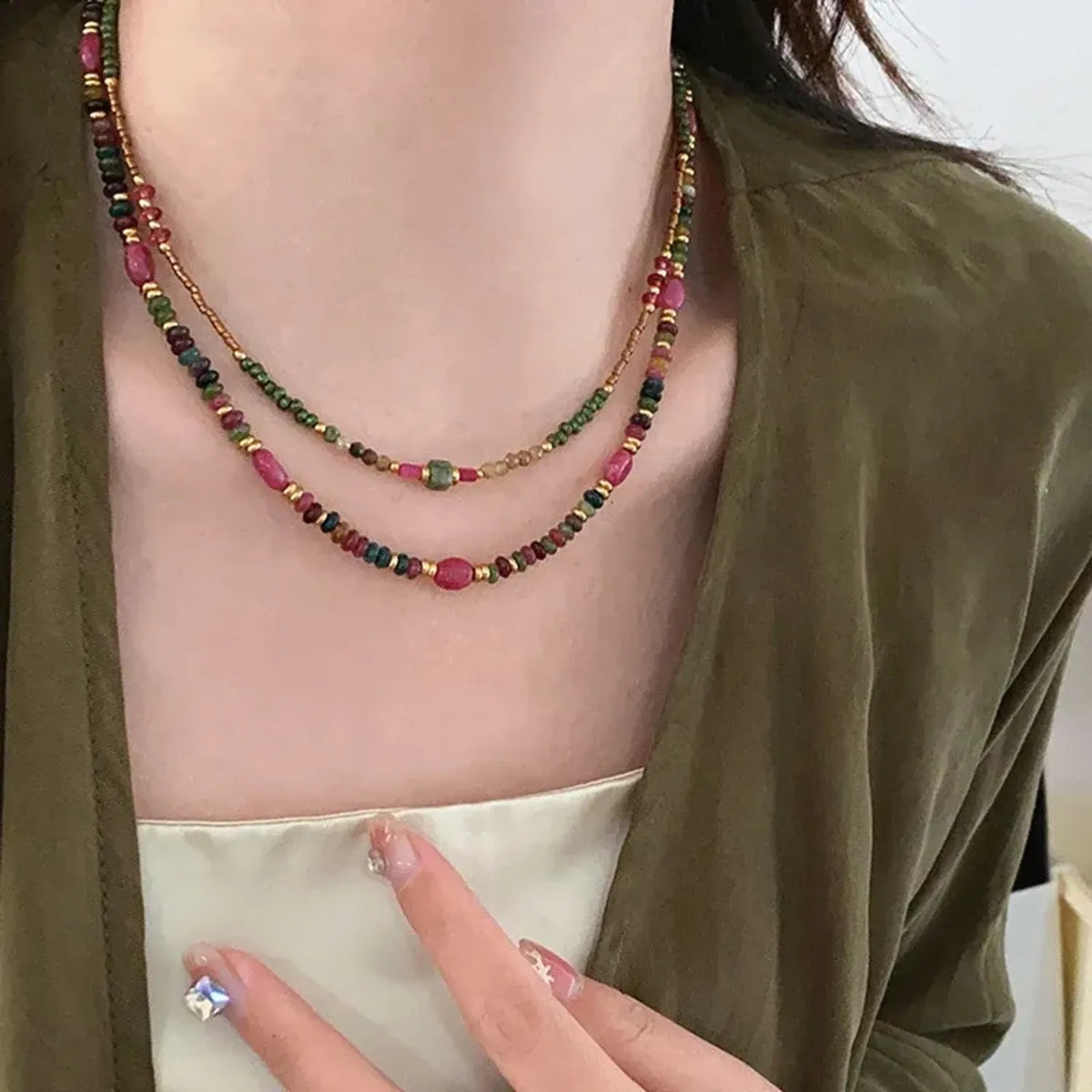 Green Tourmaline & Rose Stone Beaded Necklace, Retro Floral Clavicle Gold Chain