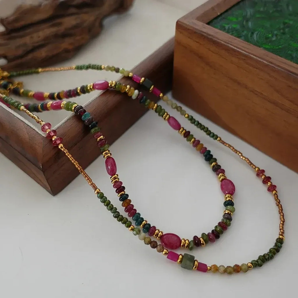 Green Tourmaline & Rose Stone Beaded Necklace, Retro Floral Clavicle Gold Chain