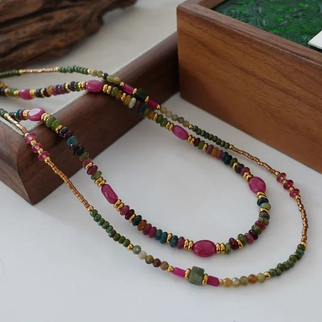 Green Tourmaline & Rose Stone Beaded Necklace, Retro Floral Clavicle Gold Chain