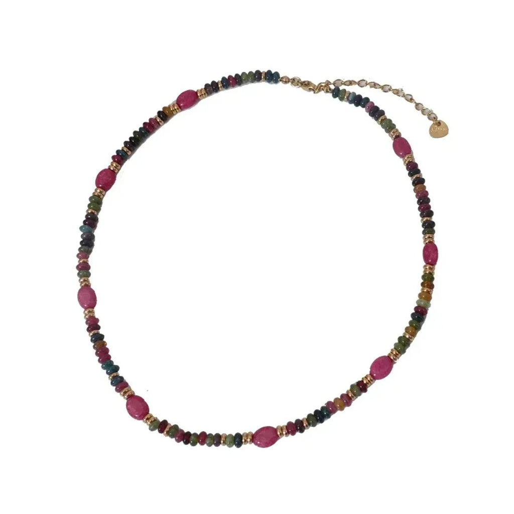 Green Tourmaline & Rose Stone Beaded Necklace, Retro Floral Clavicle Gold Chain
