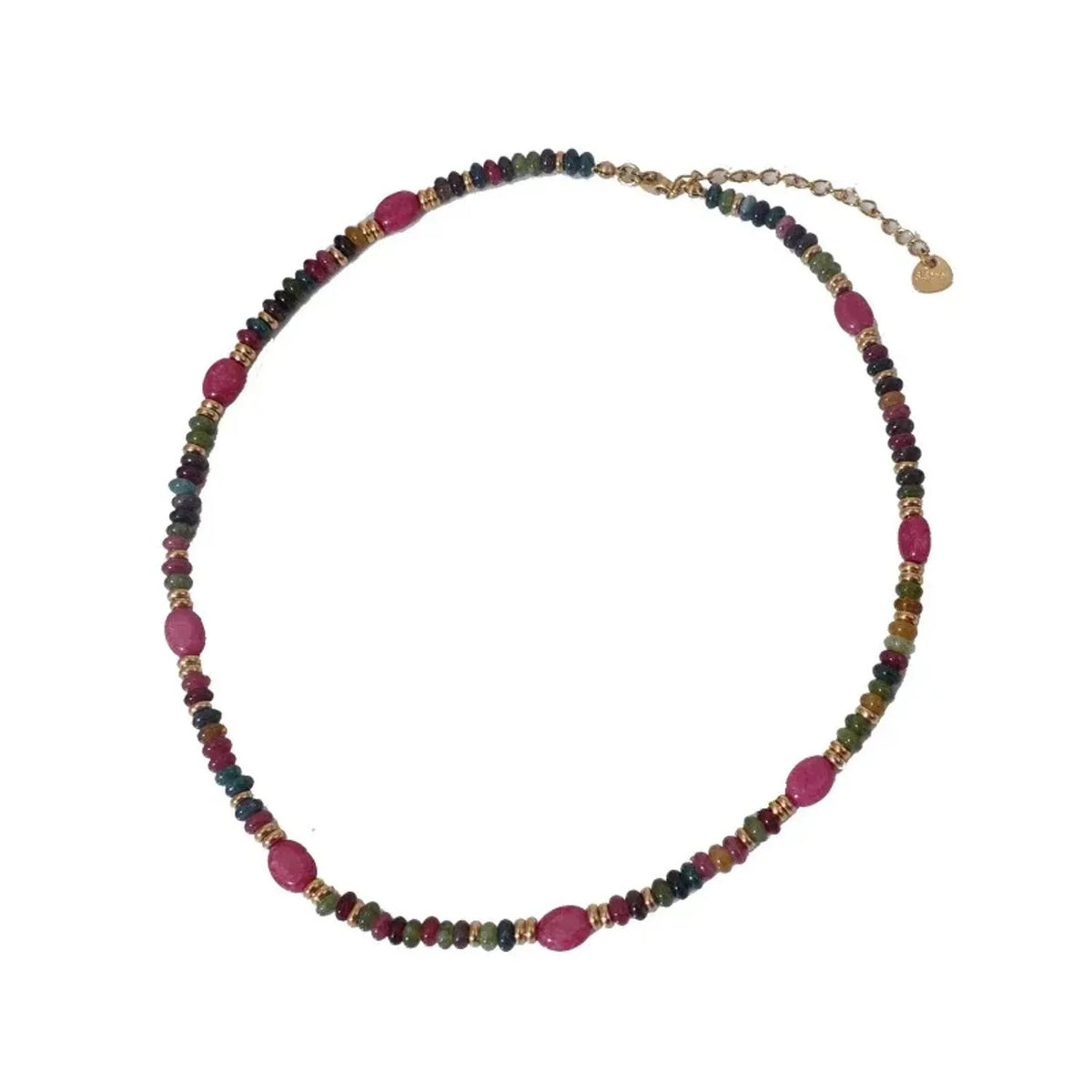 Green Tourmaline & Rose Stone Beaded Necklace, Retro Floral Clavicle Gold Chain