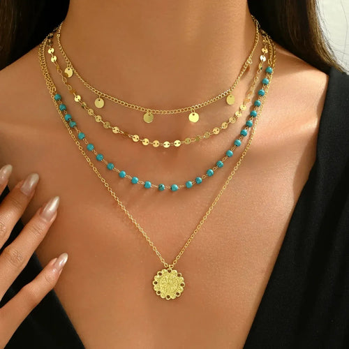 2026 New Cross-border European American Women Necklace, Geometric Flower Pendant Inlaid Turquoise Design Multi-layer Clavicle Chain Jewelry