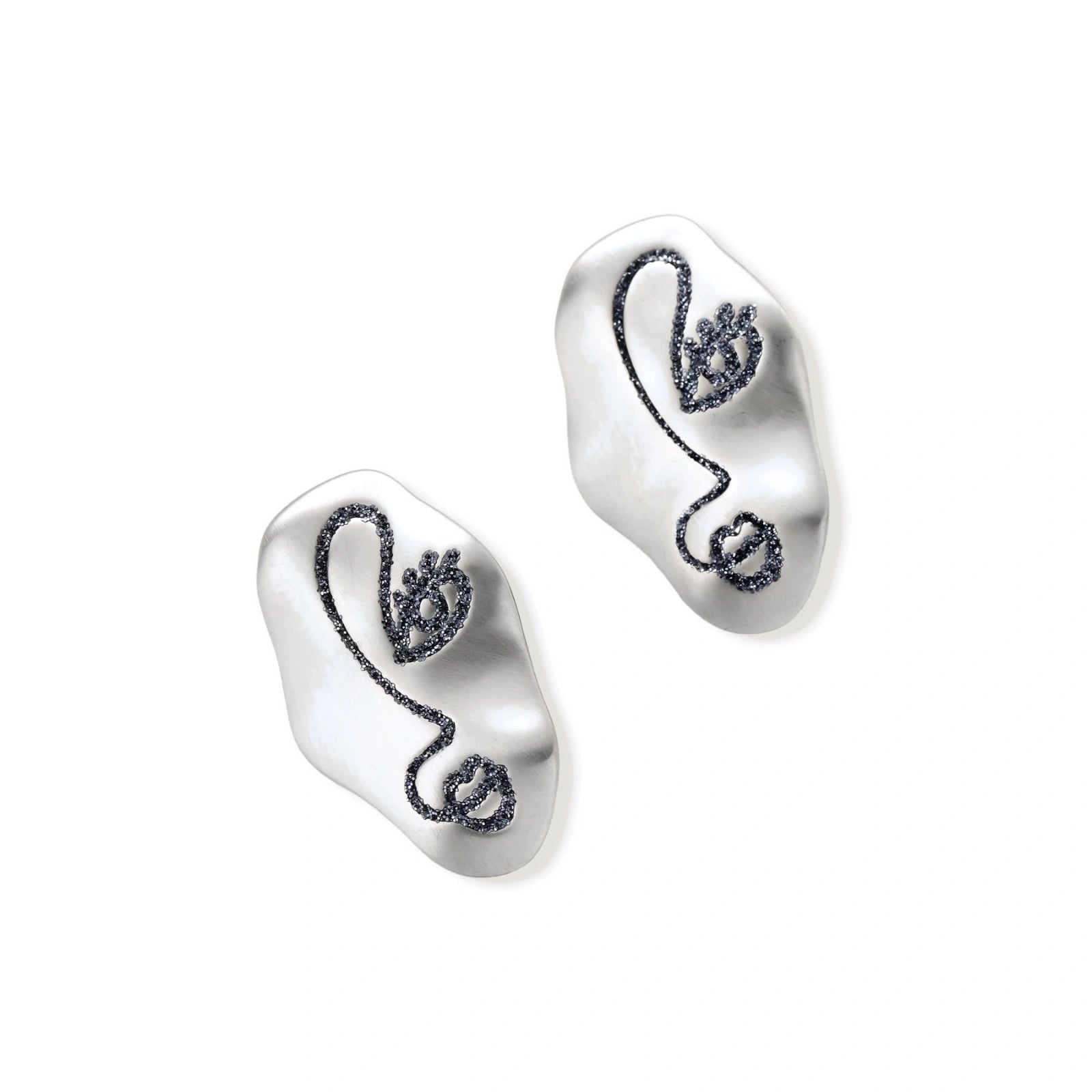Artistic ear-shaped earrings with minimalist face line art on clear eco-zinc alloy base with sterling silver posts.