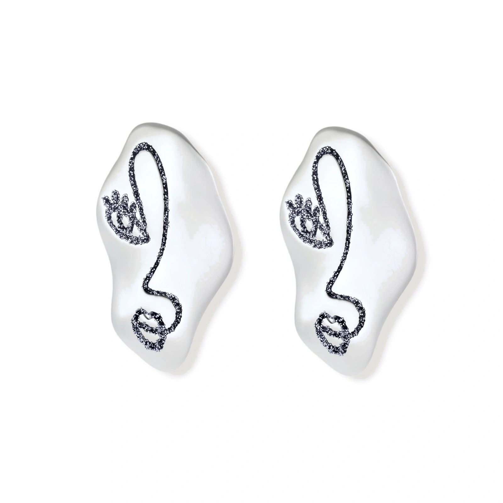 Artistic ear-shaped earrings with minimalist face line art on clear eco-zinc alloy base with sterling silver posts.