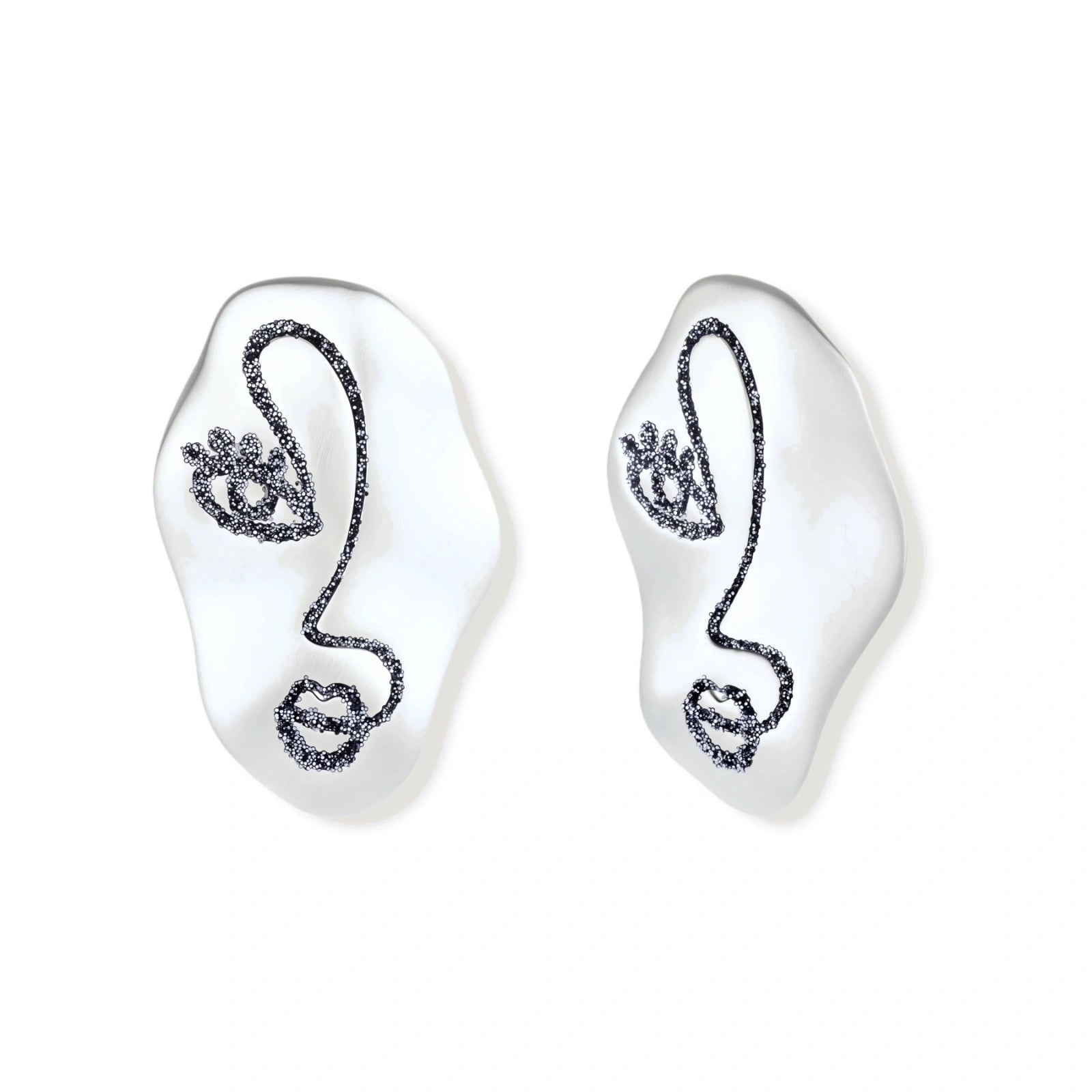 Artistic ear-shaped earrings with minimalist face line art on clear eco-zinc alloy base with sterling silver posts.