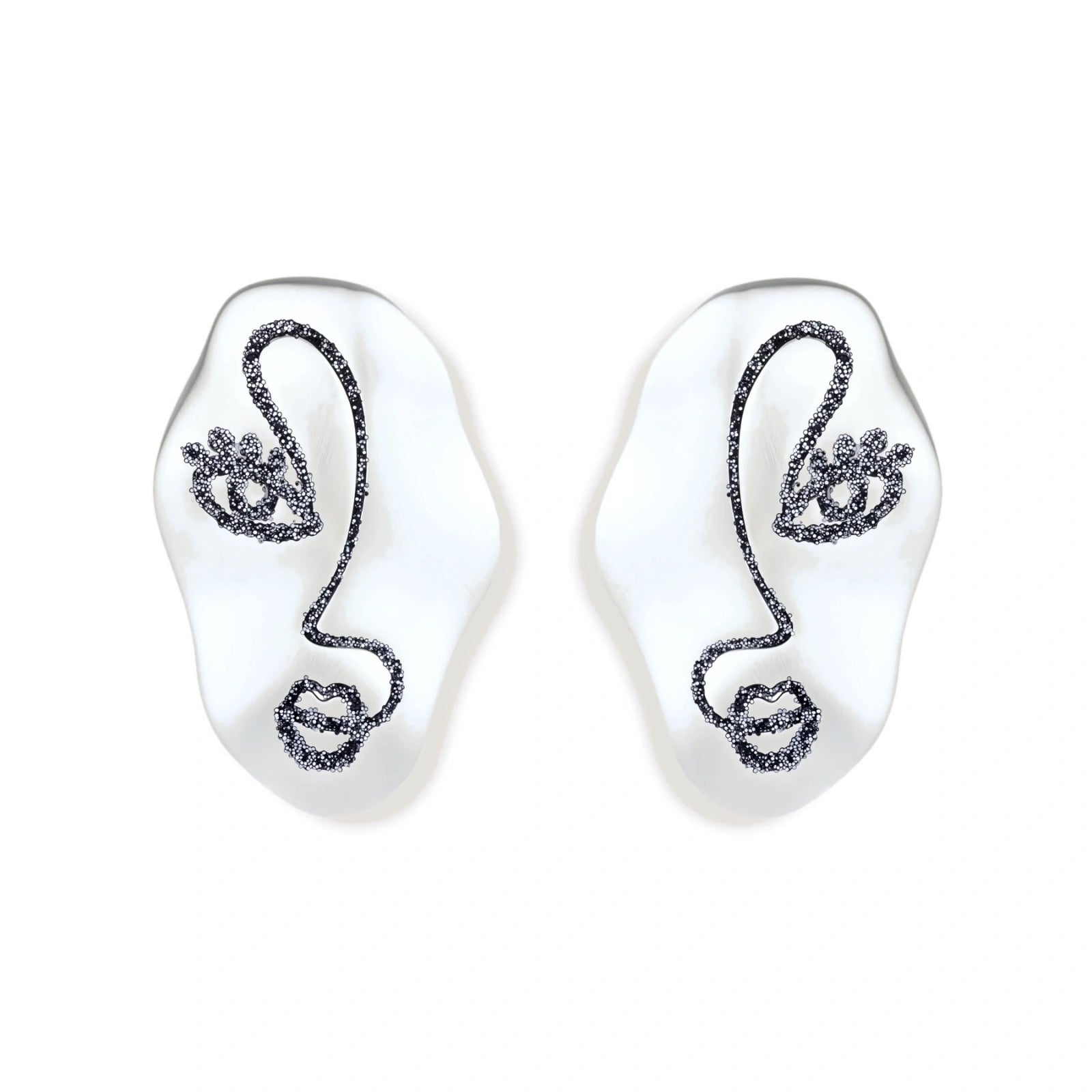 Artistic ear-shaped earrings with minimalist face line art on clear eco-zinc alloy base with sterling silver posts.