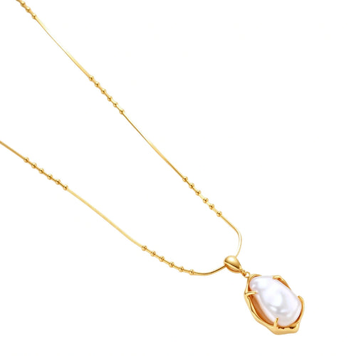 18K gold-plated sterling silver necklace with alternating bead chain and baroque pearl pendant on neutral background.