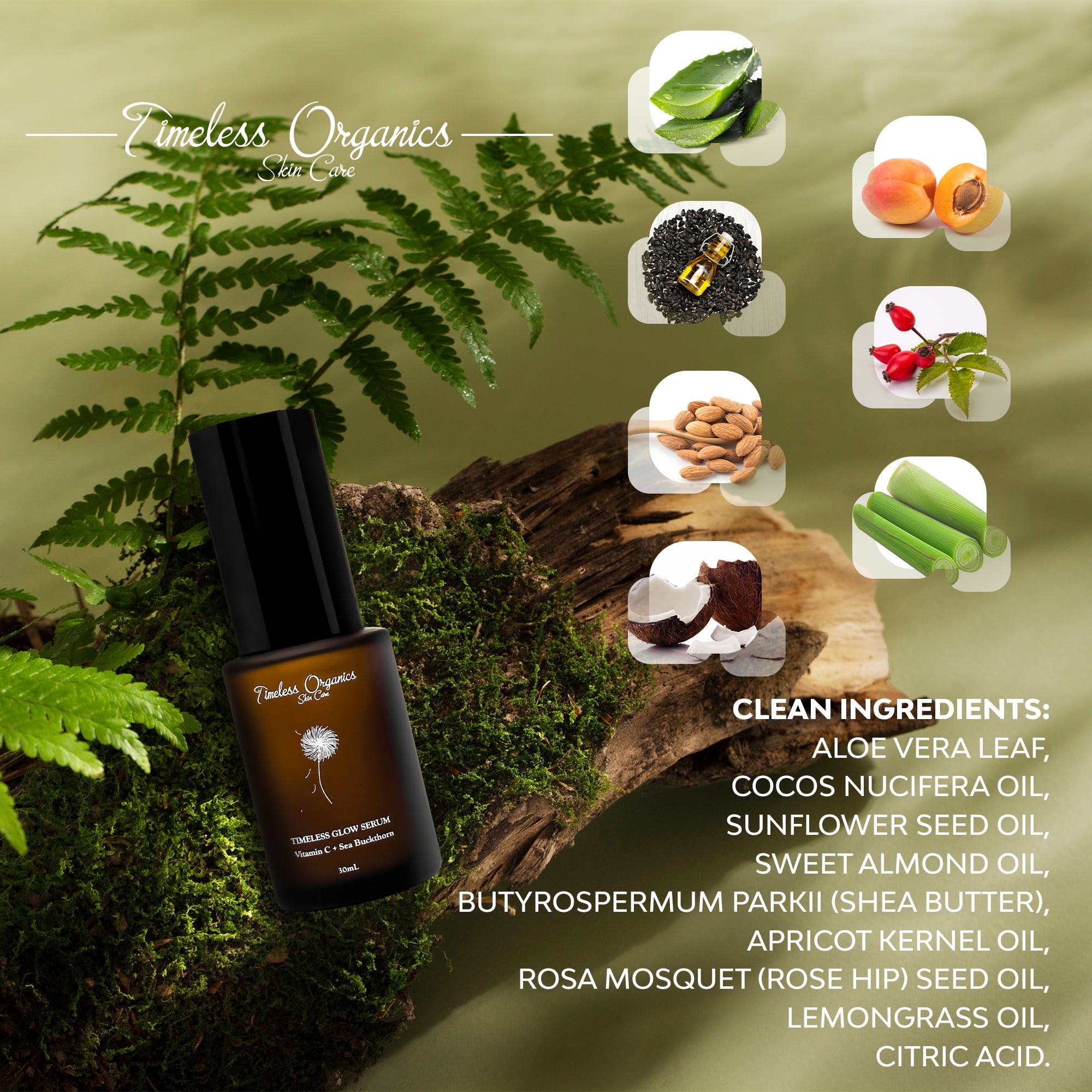 Timeless Organics skincare product with natural ingredients displayed on a green background