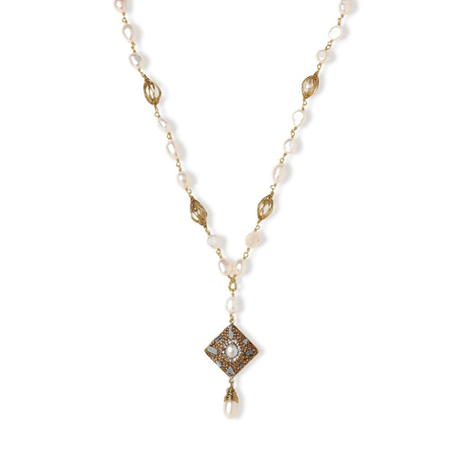 Y-shaped necklace with freshwater pearls, gold filigree stations, and ornate diamond-shaped centerpiece with pearl drop