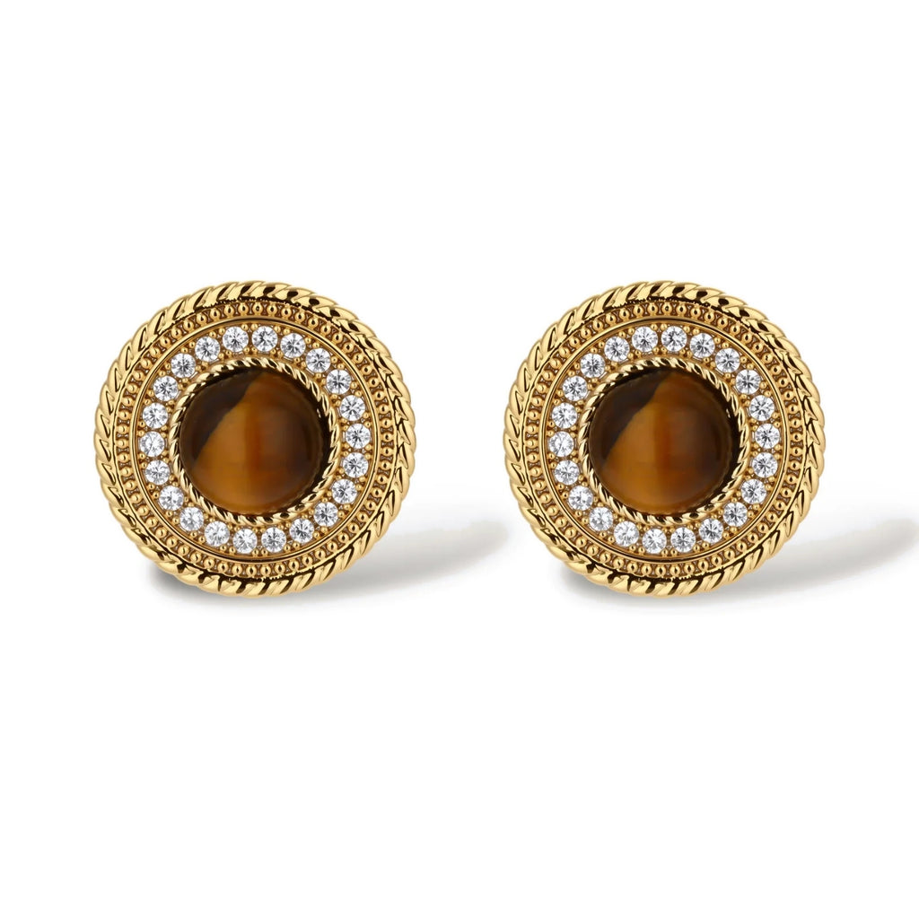 Gold-plated circular pendant necklace and matching earrings with natural stone centers and ornate rope detailing