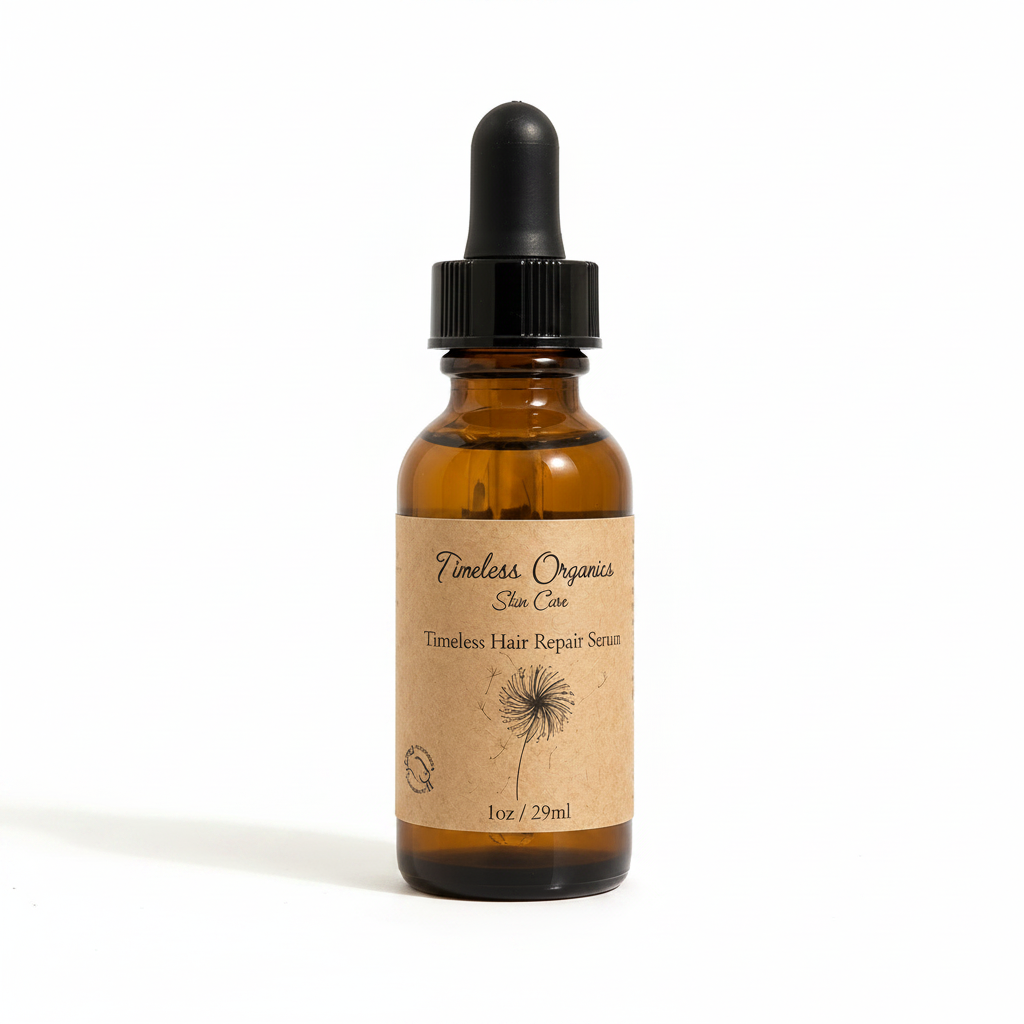 A 1oz amber glass dropper bottle of Timeless Organics Skin Care 'Timeless Hair Repair Serum' with a black dropper cap and a beige paper label, set against a warm beige background with soft diagonal shadows.