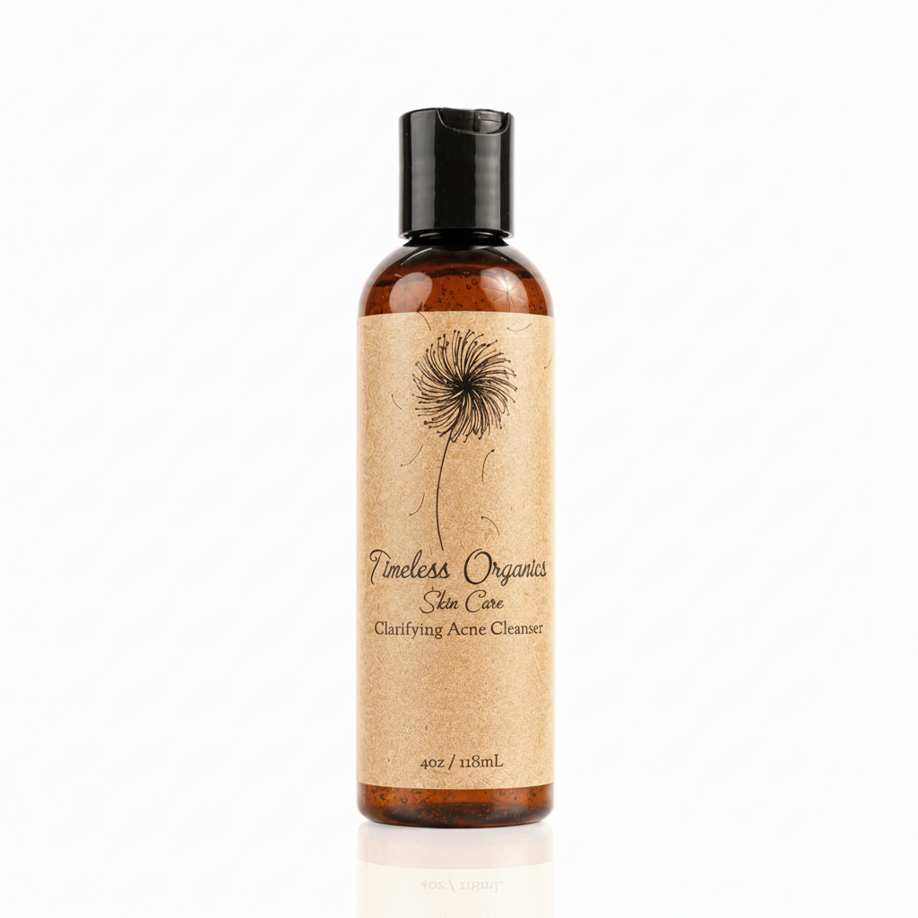 A 4oz amber bottle of Timeless Organics Skin Care Clarifying Acne Cleanser with a black cap and a brown kraft paper label featuring a dandelion illustration, set against a warm beige background.