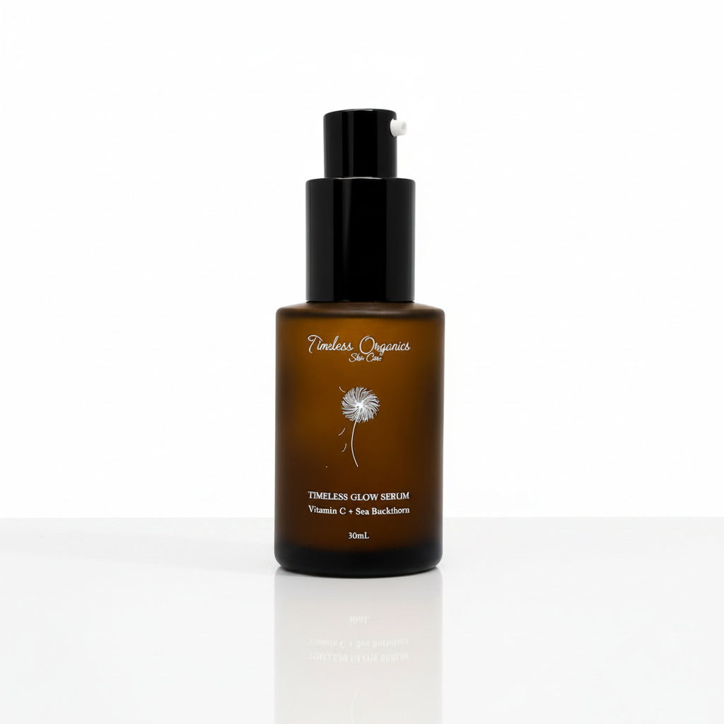 A 50ml amber glass pump bottle of Fierce Organics Sea Lot Timeless Glow Serum, standing on a beige reflective surface with a soft, warm background.
