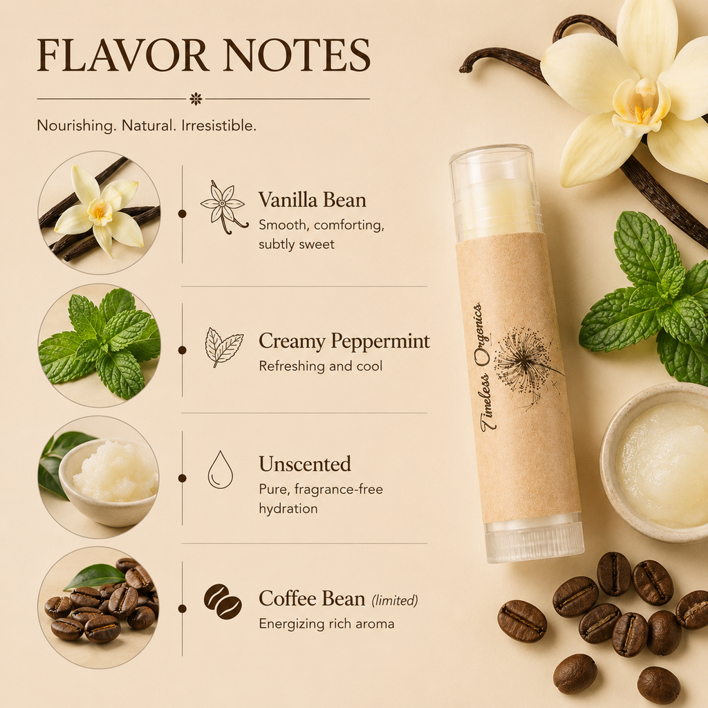 A lip balm tube labeled 'Flavour Organic' is shown on a beige background with flavor notes for Vanilla Bean, Creamy Peppermint, Unscented, and Coffee Bean, plus decorative vanilla flowers, mint leaves, a bowl of balm, and coffee beans.