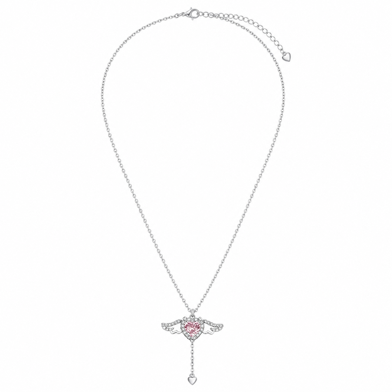 A silver-toned angel wing pendant necklace featuring a central pink heart-shaped crystal, set against a plain white background.