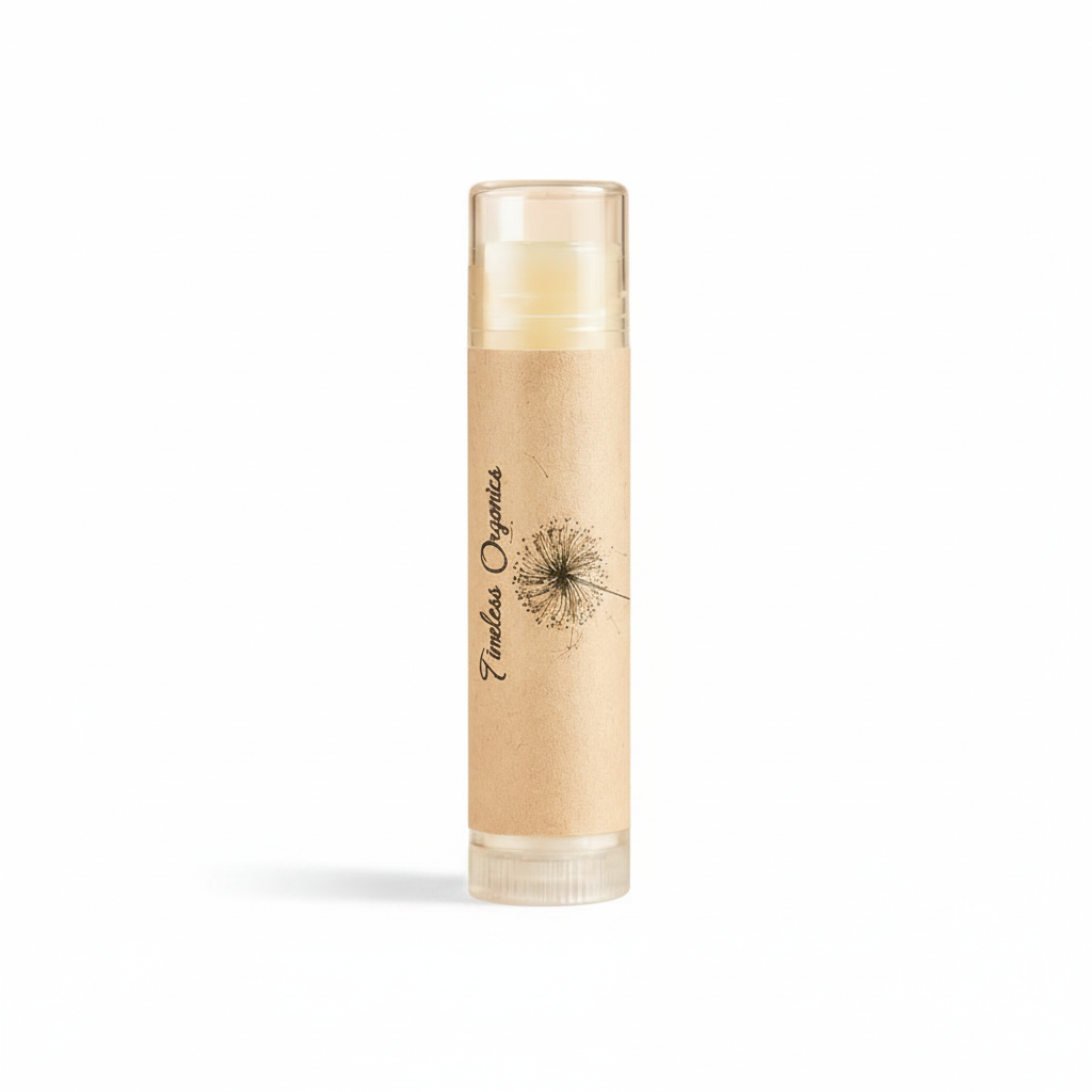A single tube of lip balm standing upright on a reflective beige surface, with a warm cream-colored balm visible inside a clear tube and a kraft-paper style label reading 'Tenderlass Organics' with a dandelion illustration.