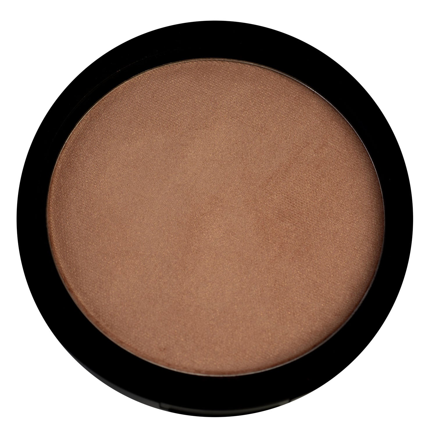 Bronze makeup compact with a black lid on a white background