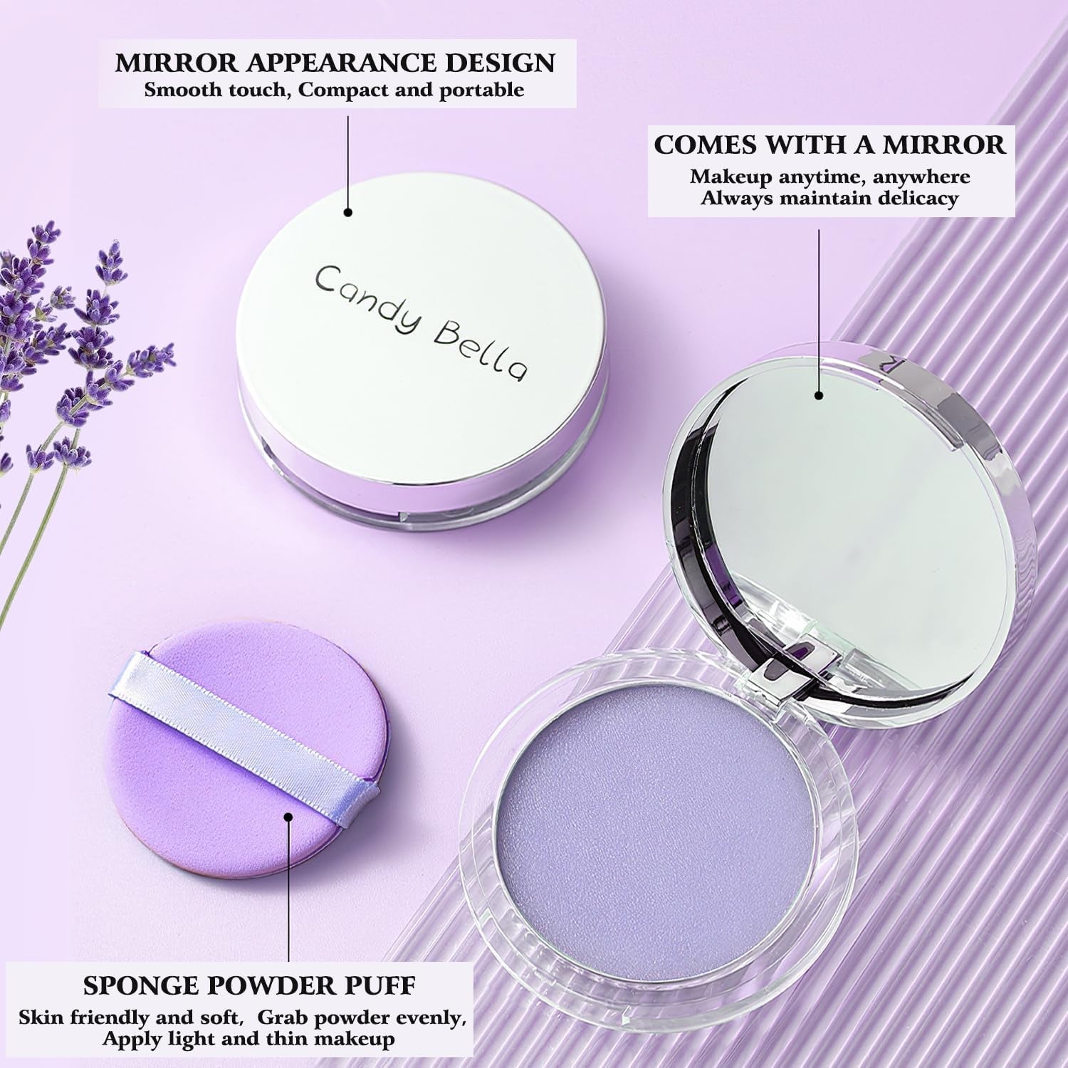Candy Bella makeup compact with mirror, powder, and sponge on a purple background