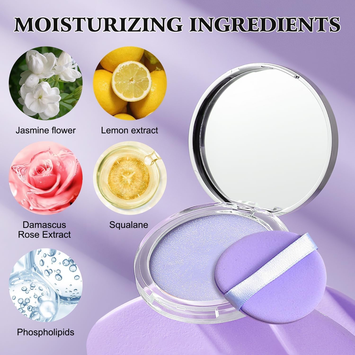 Compact mirror with moisturizing ingredients displayed on a purple background