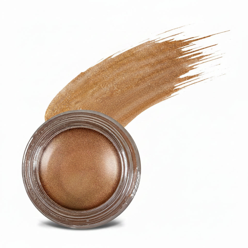 Cosmetic cream jar labeled 'Golden Caramel' with a swatch on a white background