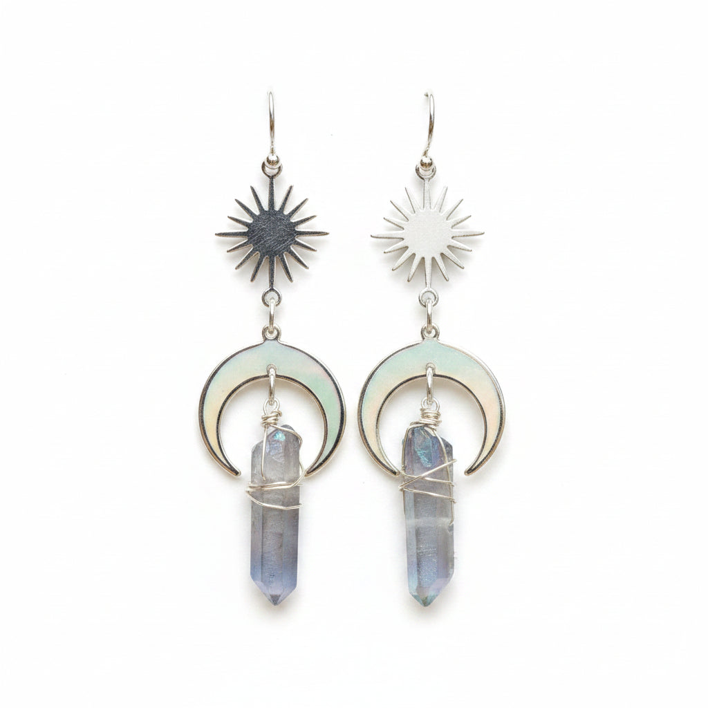 Earrings with sunflower designs and crystal-like elements on a wooden surface