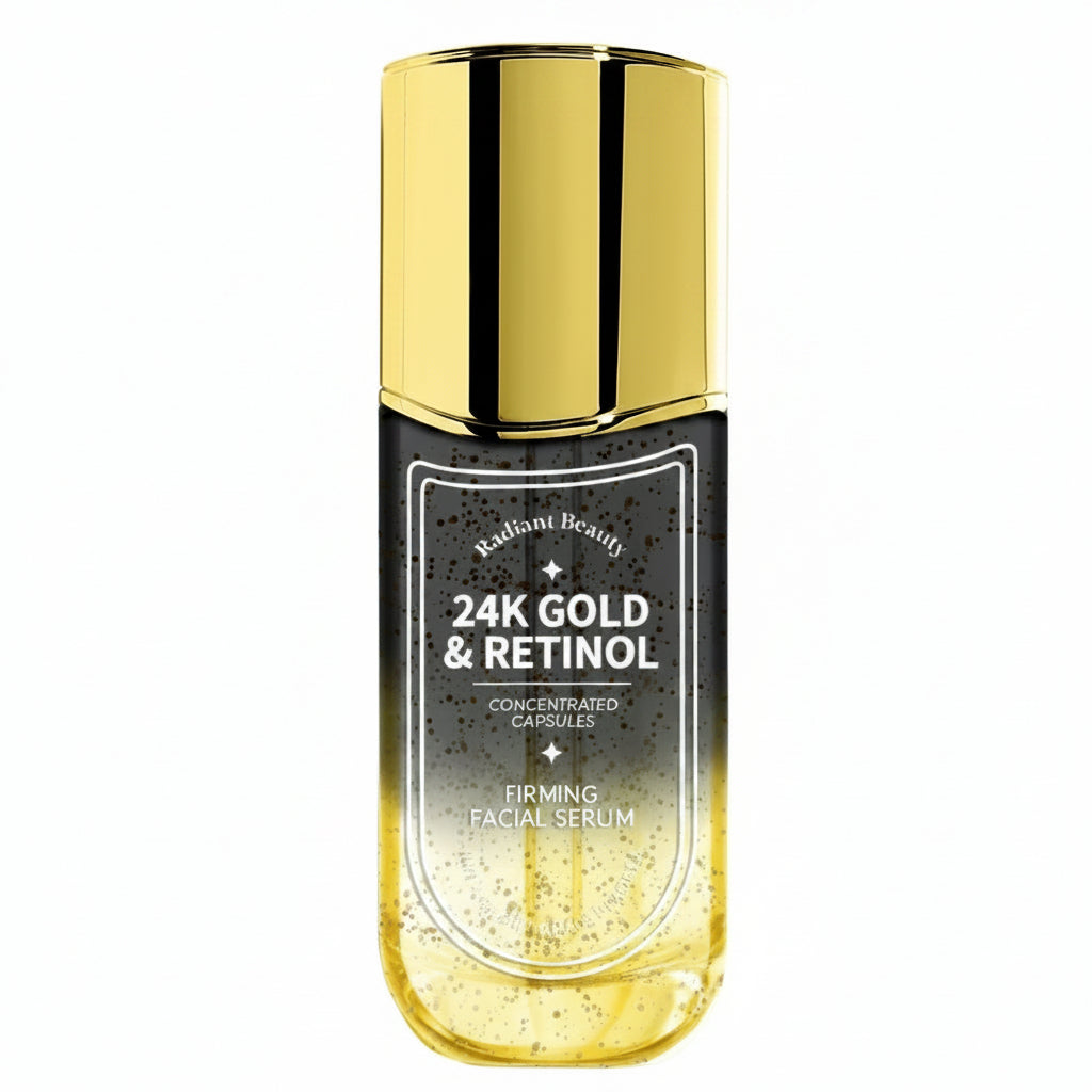 Facial serum bottle with gold cap and yellow liquid, surrounded by a skincare sponge on a white background.