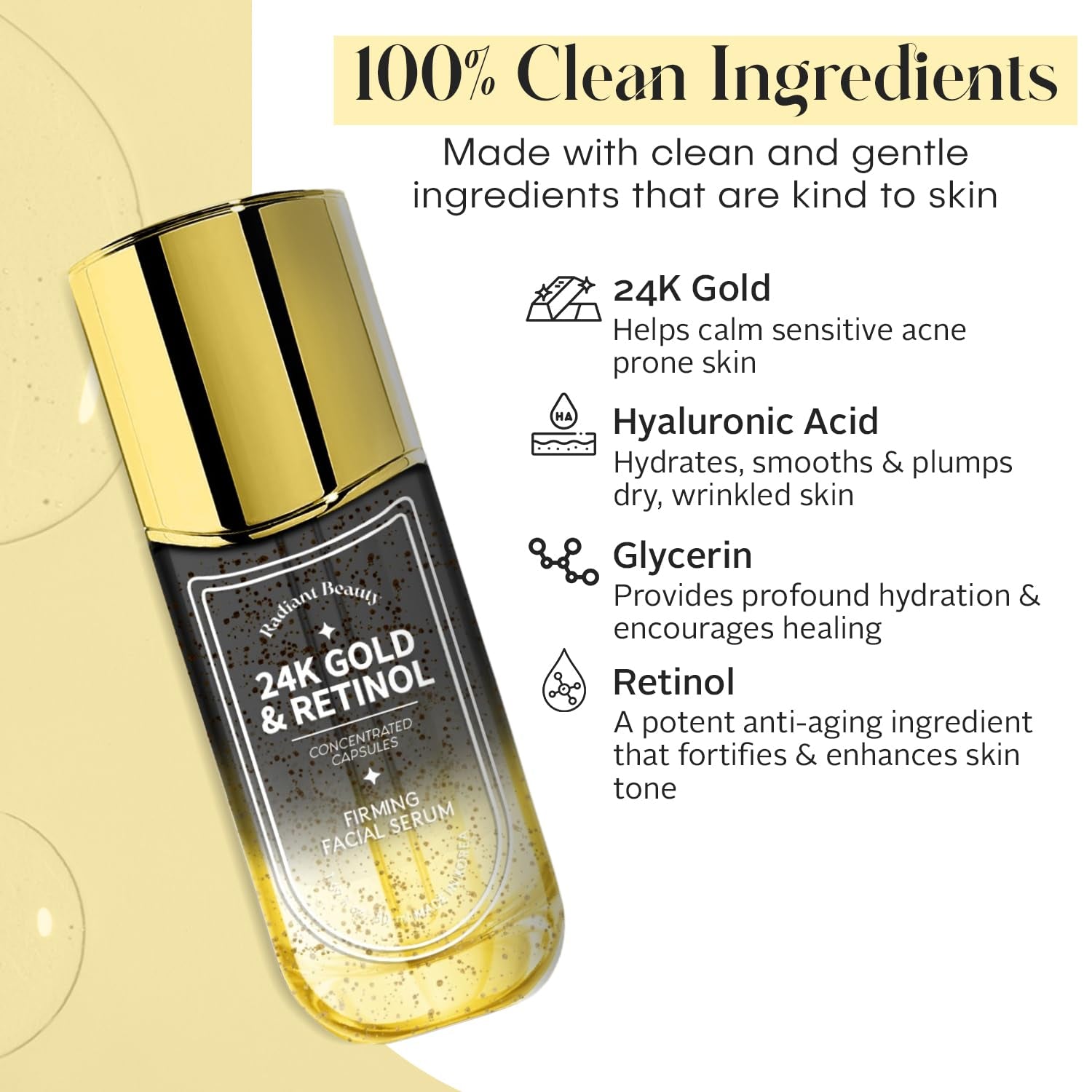 Facial serum bottle with gold cap on a beige background, featuring ingredients and benefits.