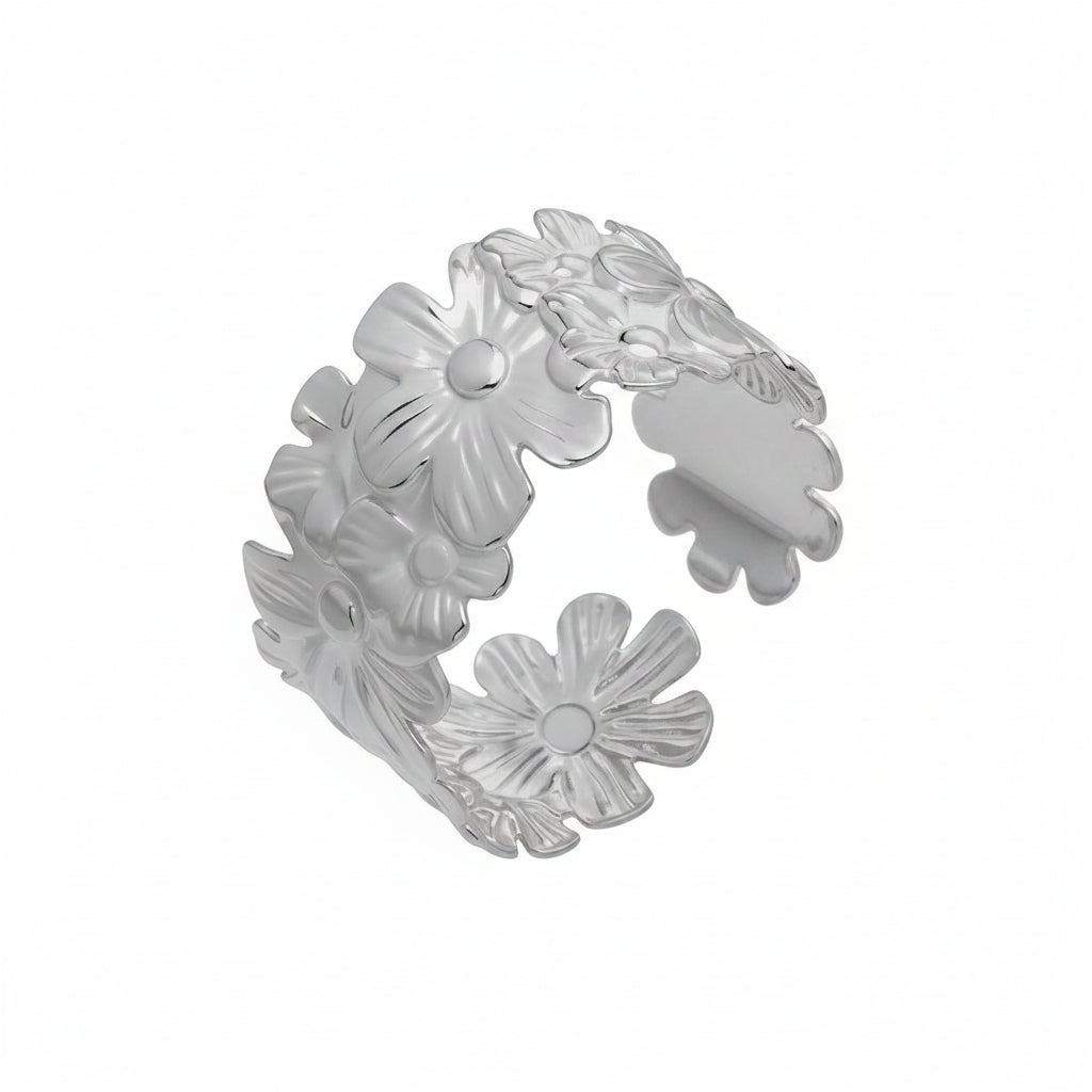 Floral design metal clip with measurements and product details on a white background
