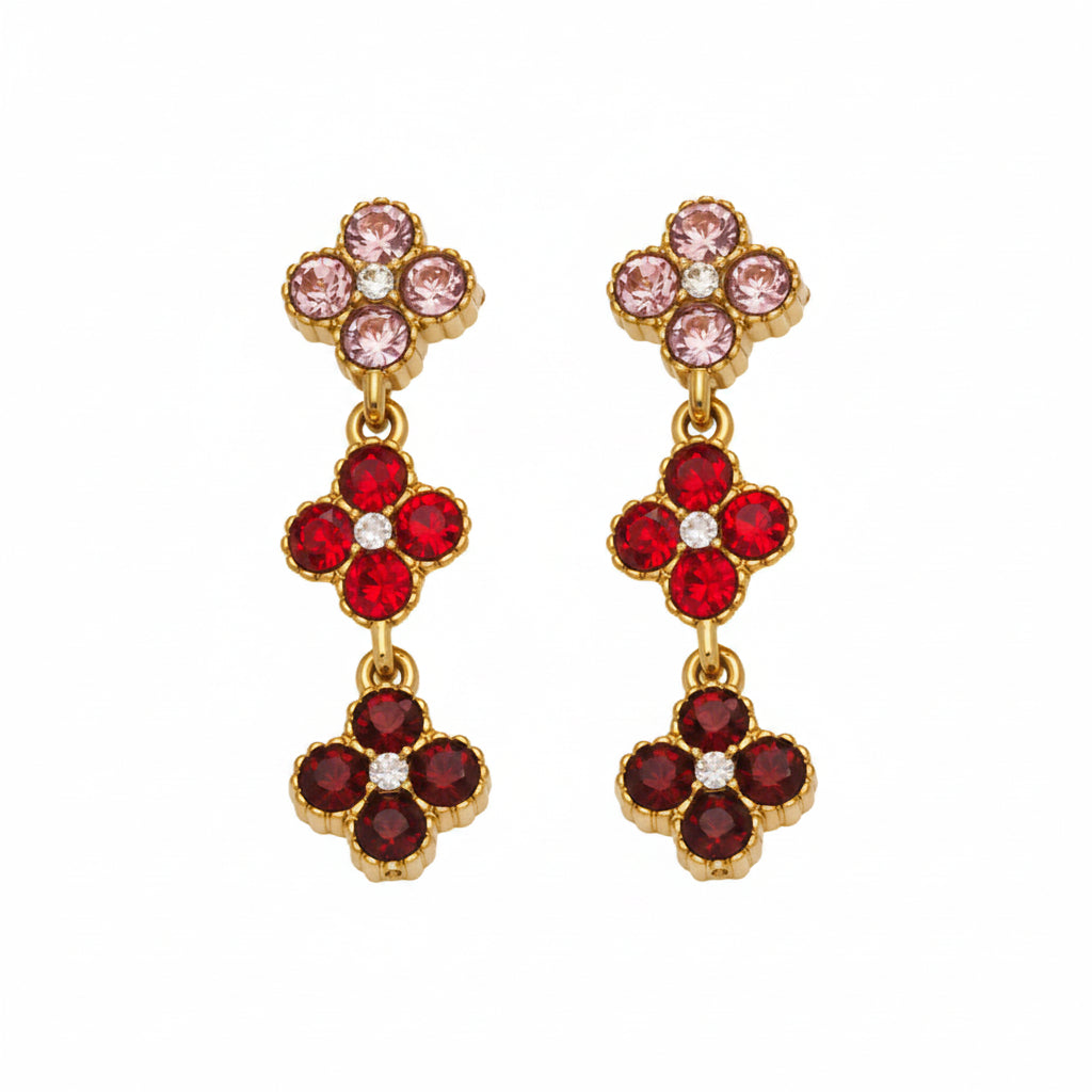 Flower-shaped earrings with red and pink gemstones and gold accents, labeled with material types and dimensions.