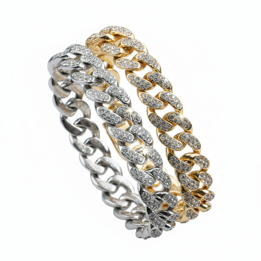 Gold and silver chain bracelets on a black background