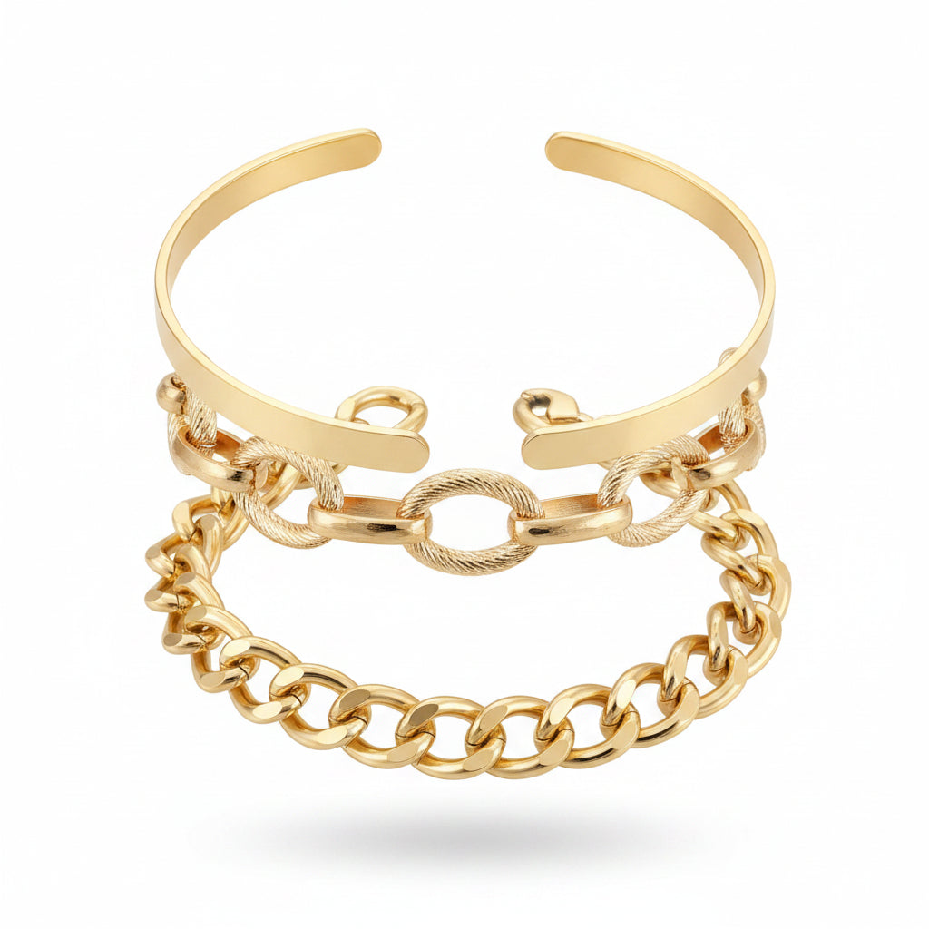 Gold chain bracelet on a wrist with a withe  background
