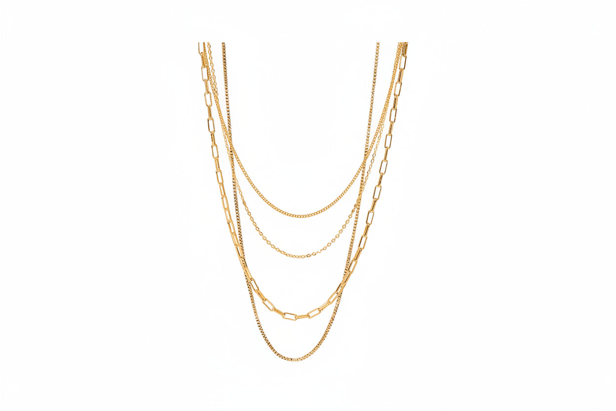 Gold chain necklace with measurements on a white background