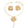 Gold floral jewelry set with pearls on a white background