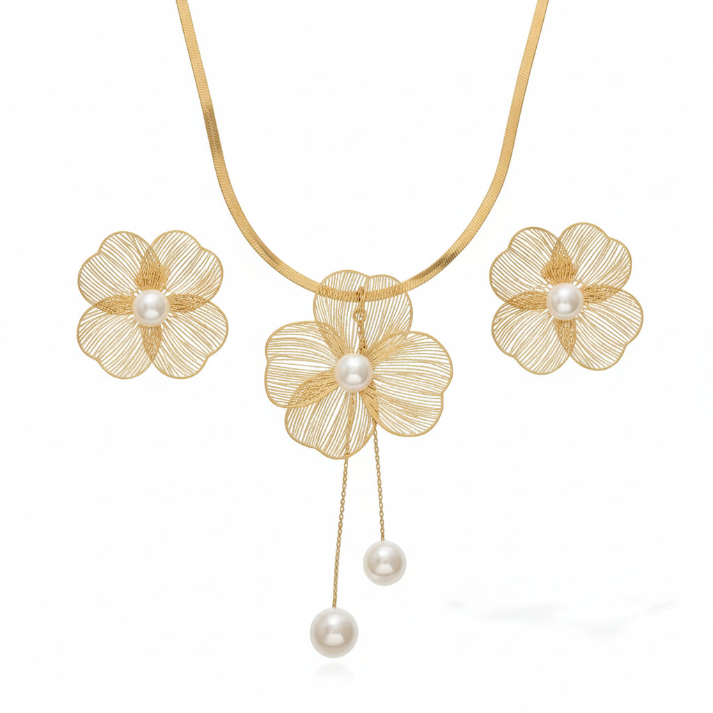 Gold floral necklace with pearls