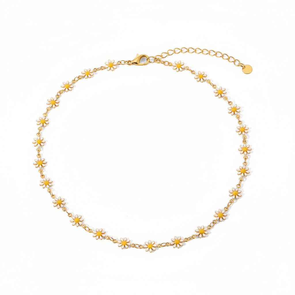 Gold necklace with floral designs on a white background, showing measurements and weight.
