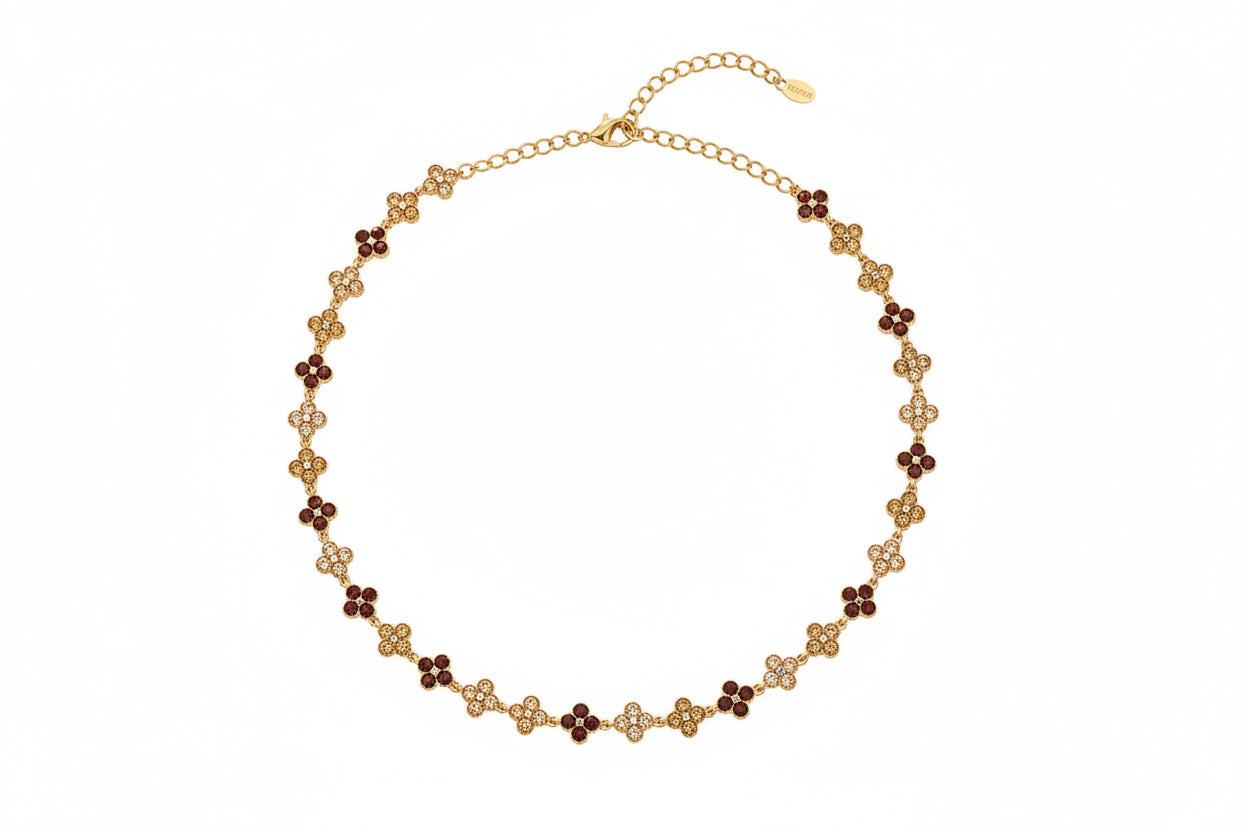 Gold necklace with zircon and stainless steel components, showing measurements and material details.