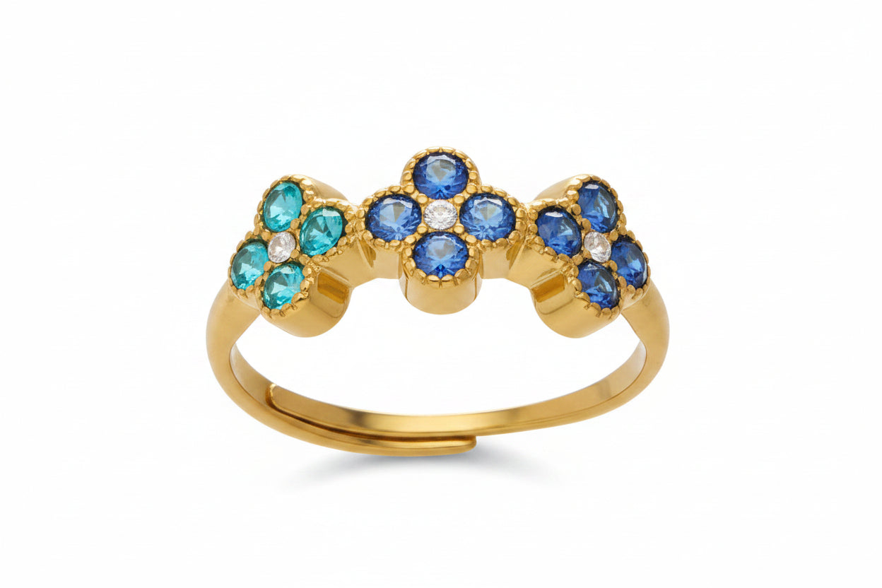 Gold ring with blue and turquoise gemstones, labeled with measurements and material details.