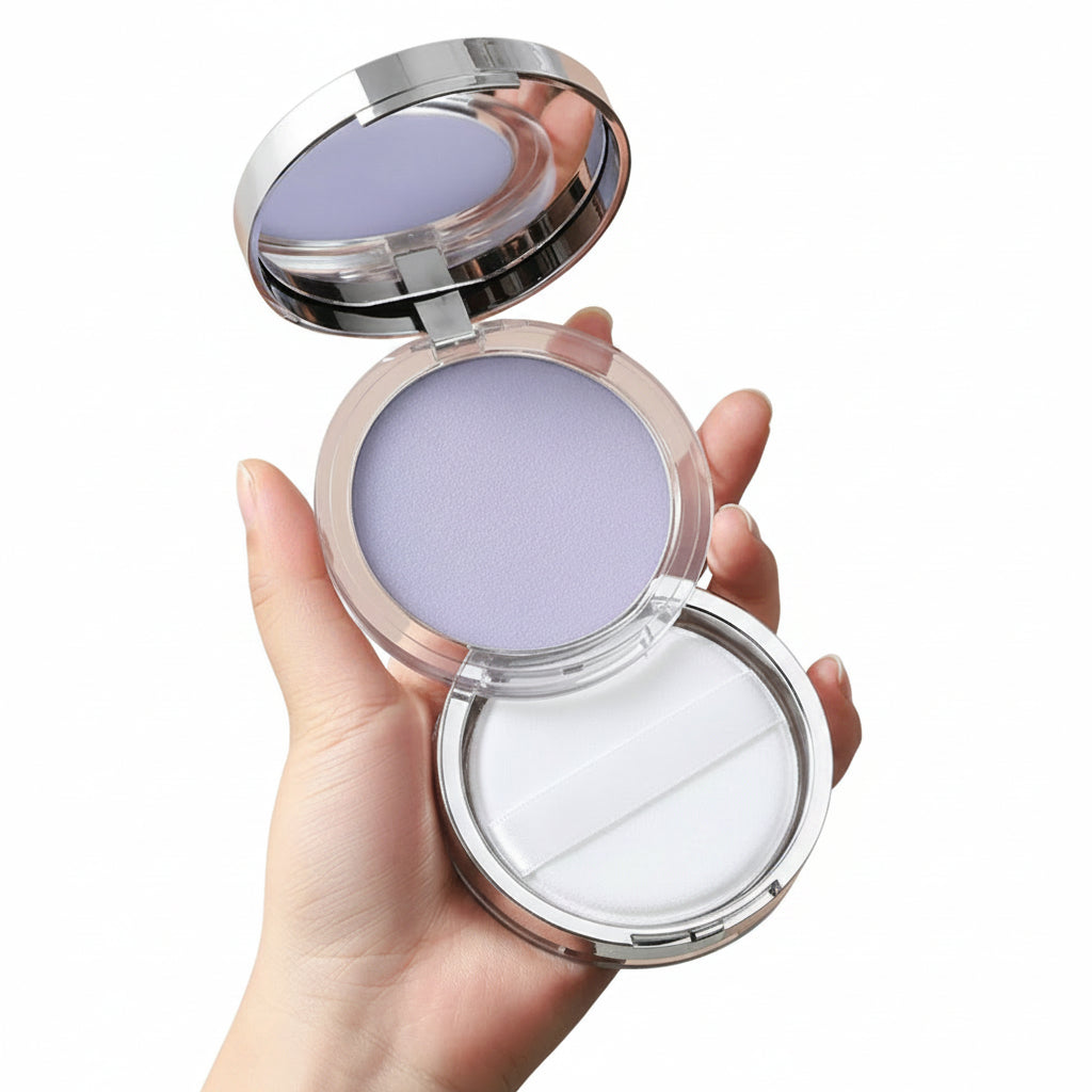 Hand holding a compact powder with a mirror on a beige background