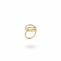 Hand wearing a gold ring on a black background