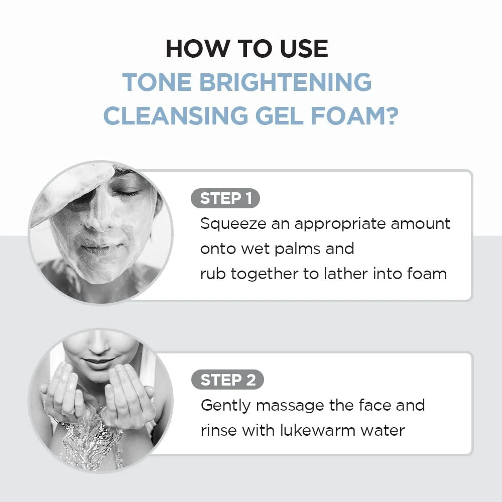 Instructions on how to use tone brightening cleansing gel foam with step-by-step guidance.