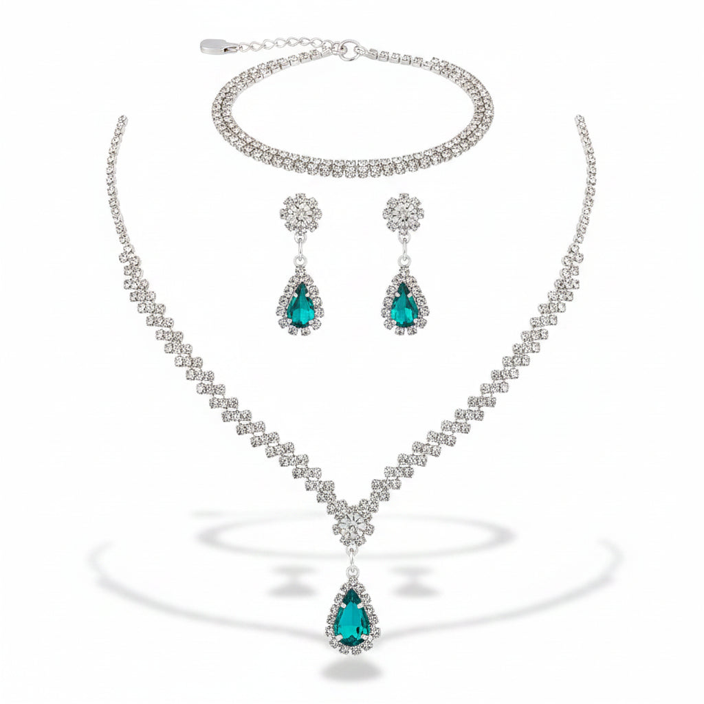 Jewelry set with necklace, earrings, and bracelet on a black mannequin bust.