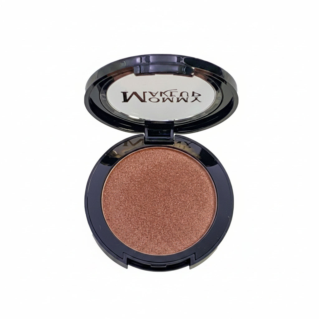 Makeup compact with 'Wake Up & Worry' brand, open to show pink mocha shade.