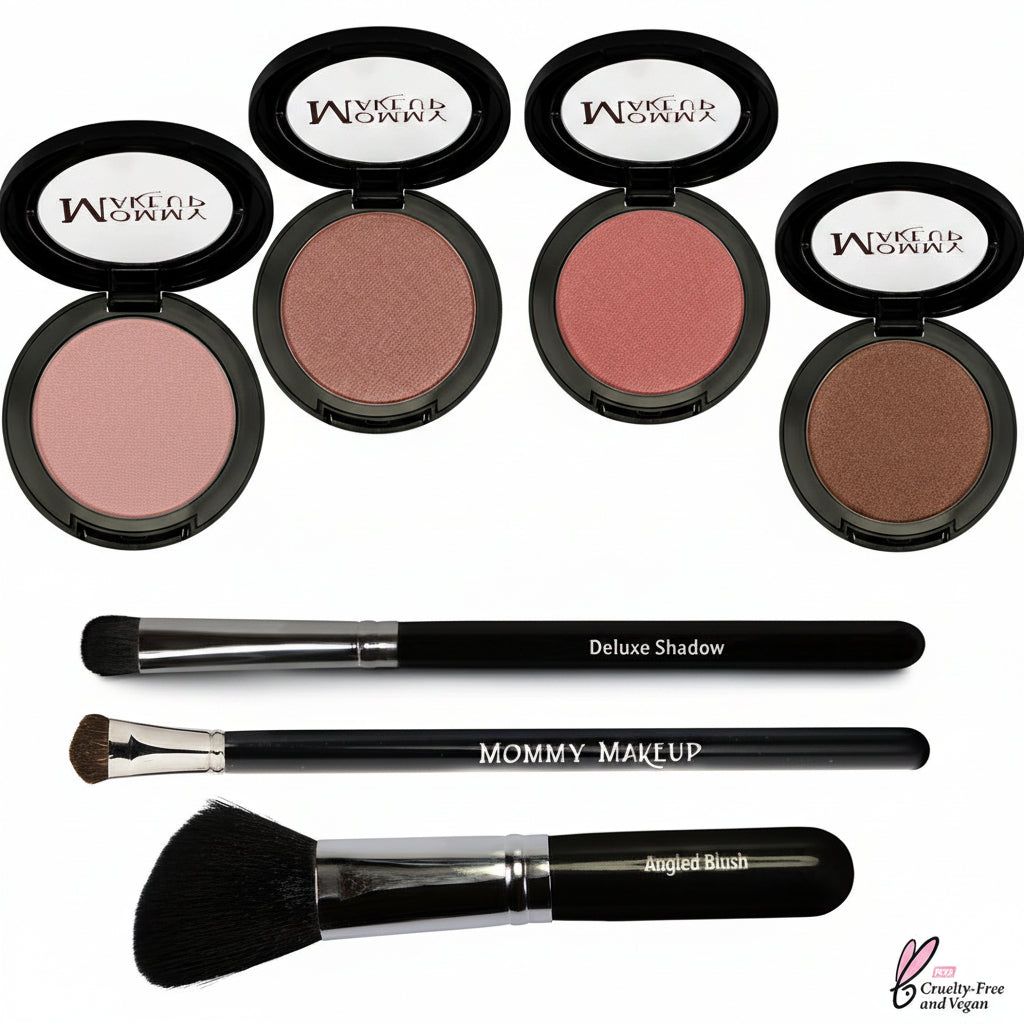 Makeup products including blushes and brushes on a marble surface with 'Wicked Women' branding.