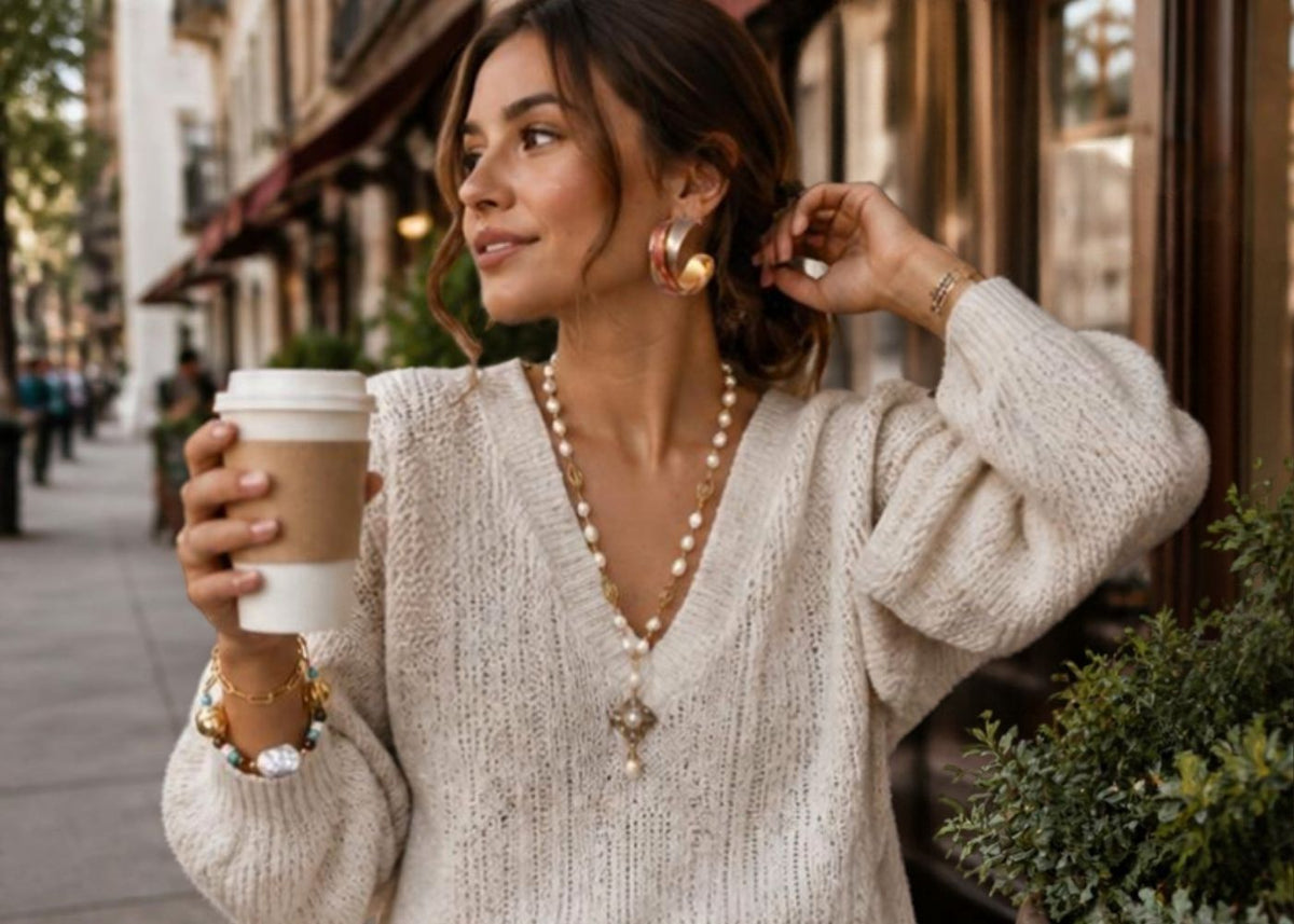 Woman holding coffee wearing a gold coin pendant necklace, hoops and chain bracelet