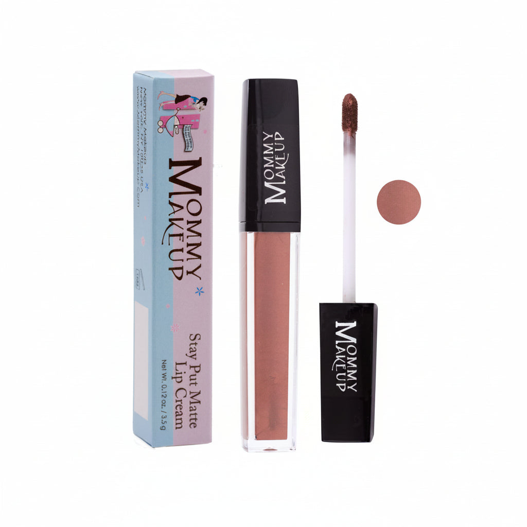 Mommy Makeup lip cream with applicator and packaging on a white background